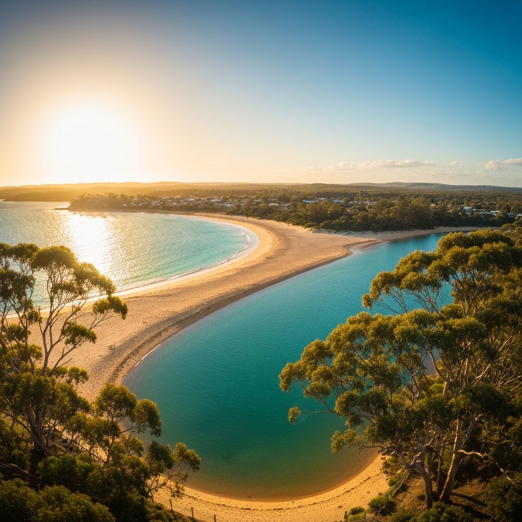 Aerial view of Wooli, a peaceful coastal town at the mouth of the Wooli Wooli River in NSW